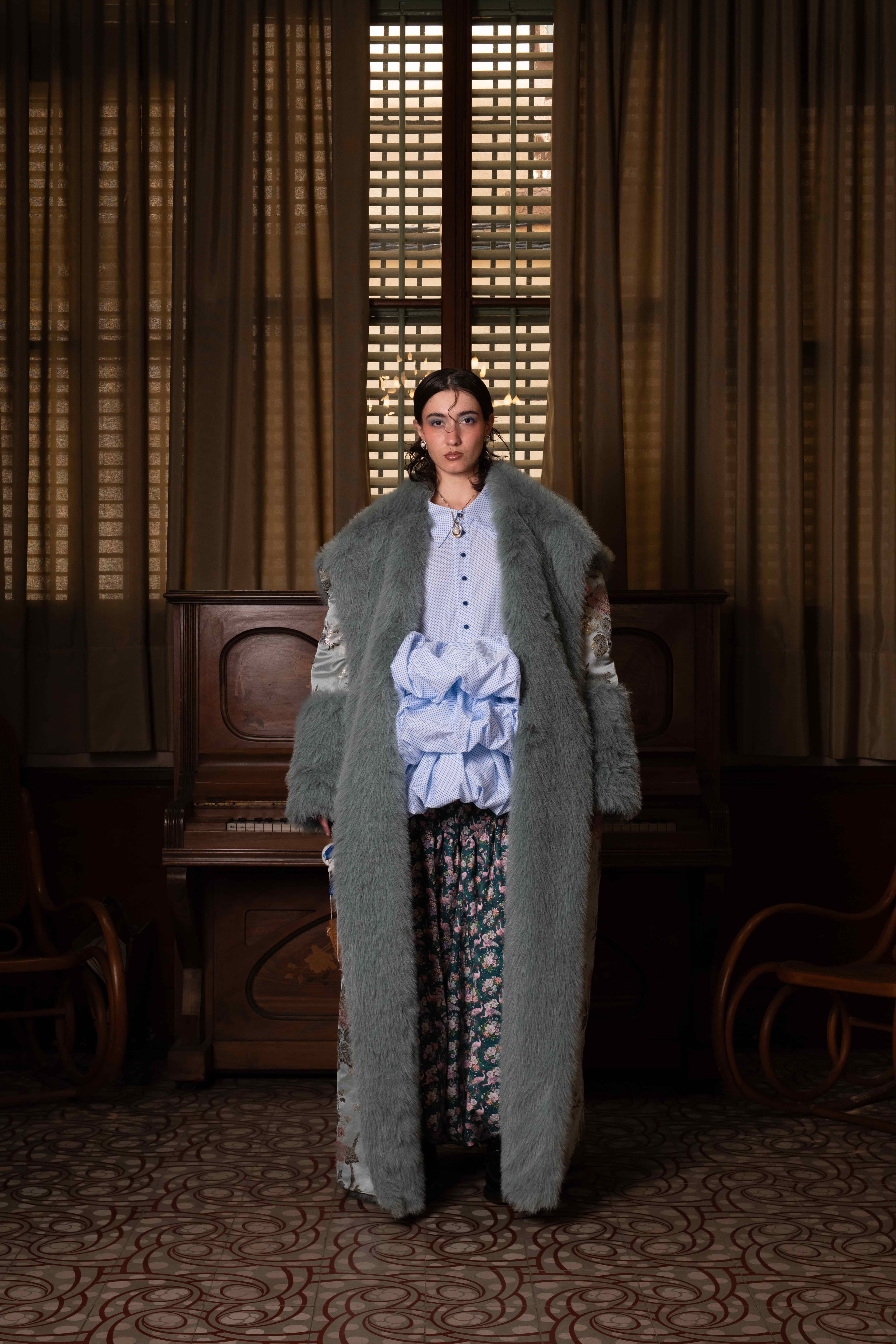 Puppet Riot FW25 by Mona — Look 5, hand-knit knitwear and brocade ensemble