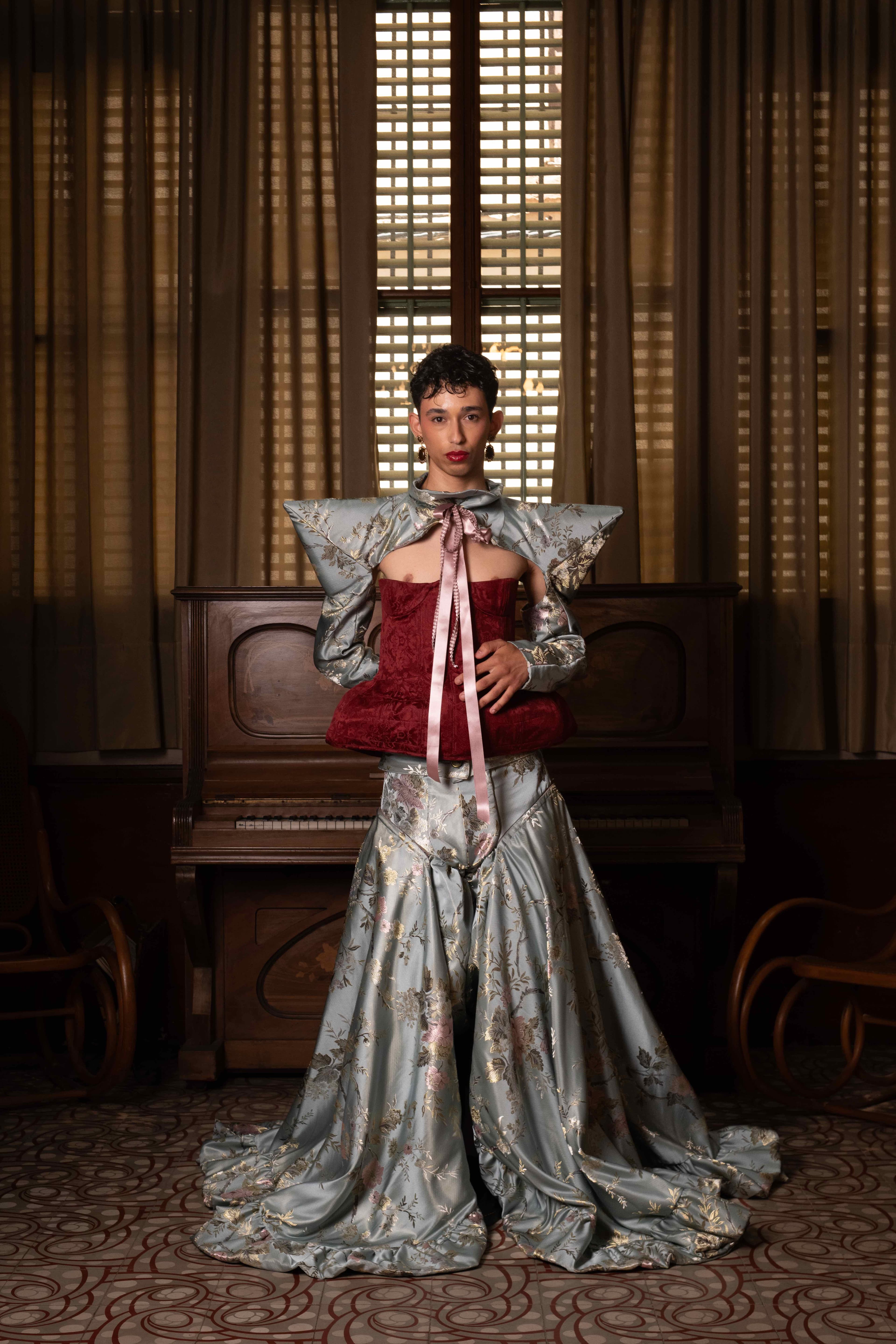 Puppet Riot FW25 by Mona — Look 16, theatrical brocade fashion design