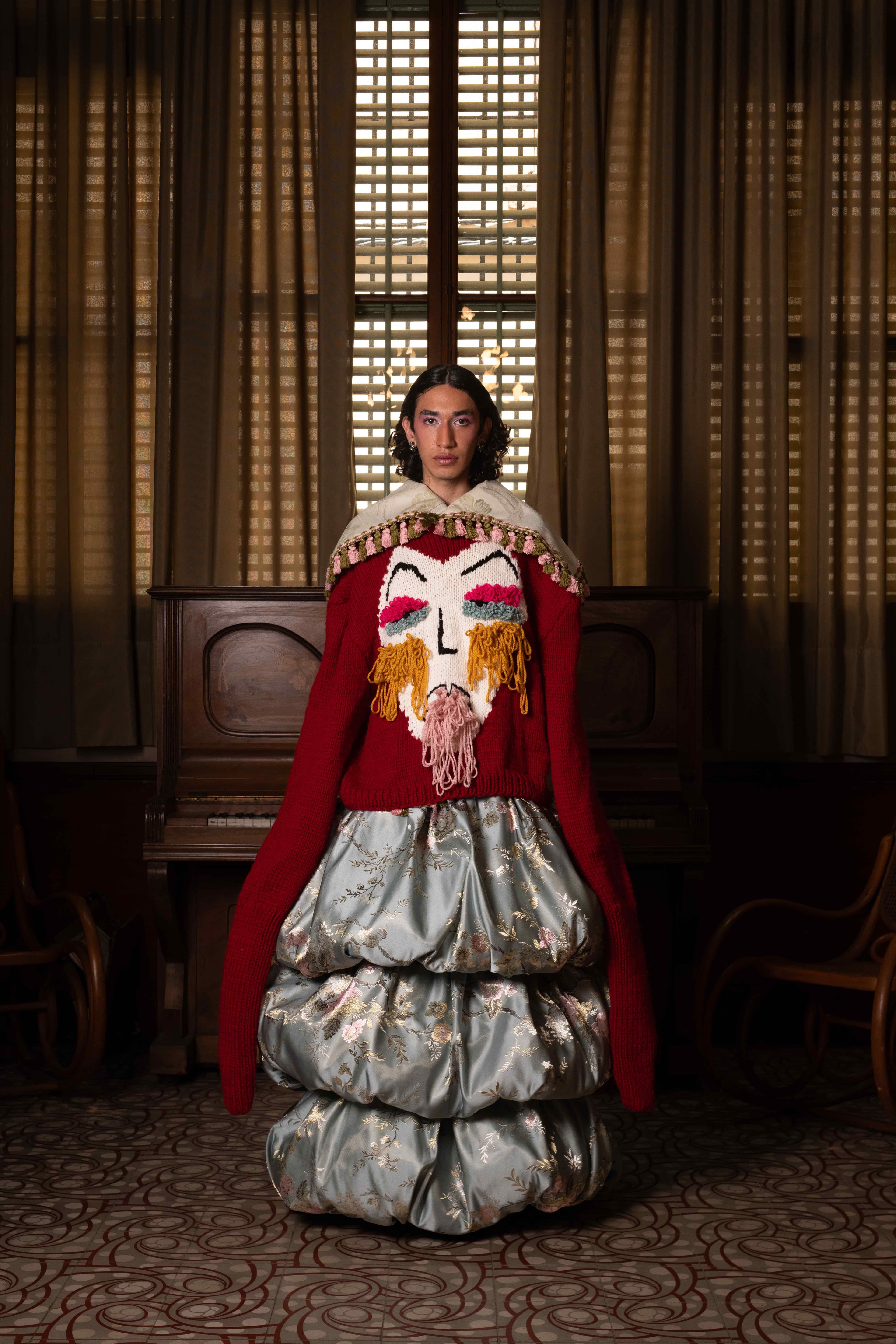 Puppet Riot FW25 by Mona — Look 22, repurposed upholstery fabric fashion